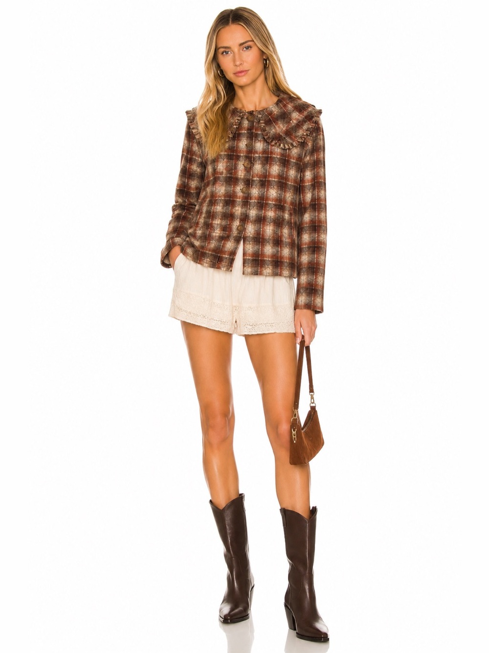 NWT Plaid Ruffle-Collar Jacket - Brown